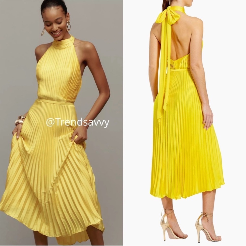 Anthropologie Mac Duggal Yellow Pleated Halter Midi Dress 12 Wedding Guest Event